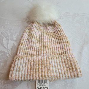 Style and Co Light Pink and Tan Knit Ribbed Beanie with Fluffy White Pom Pom One